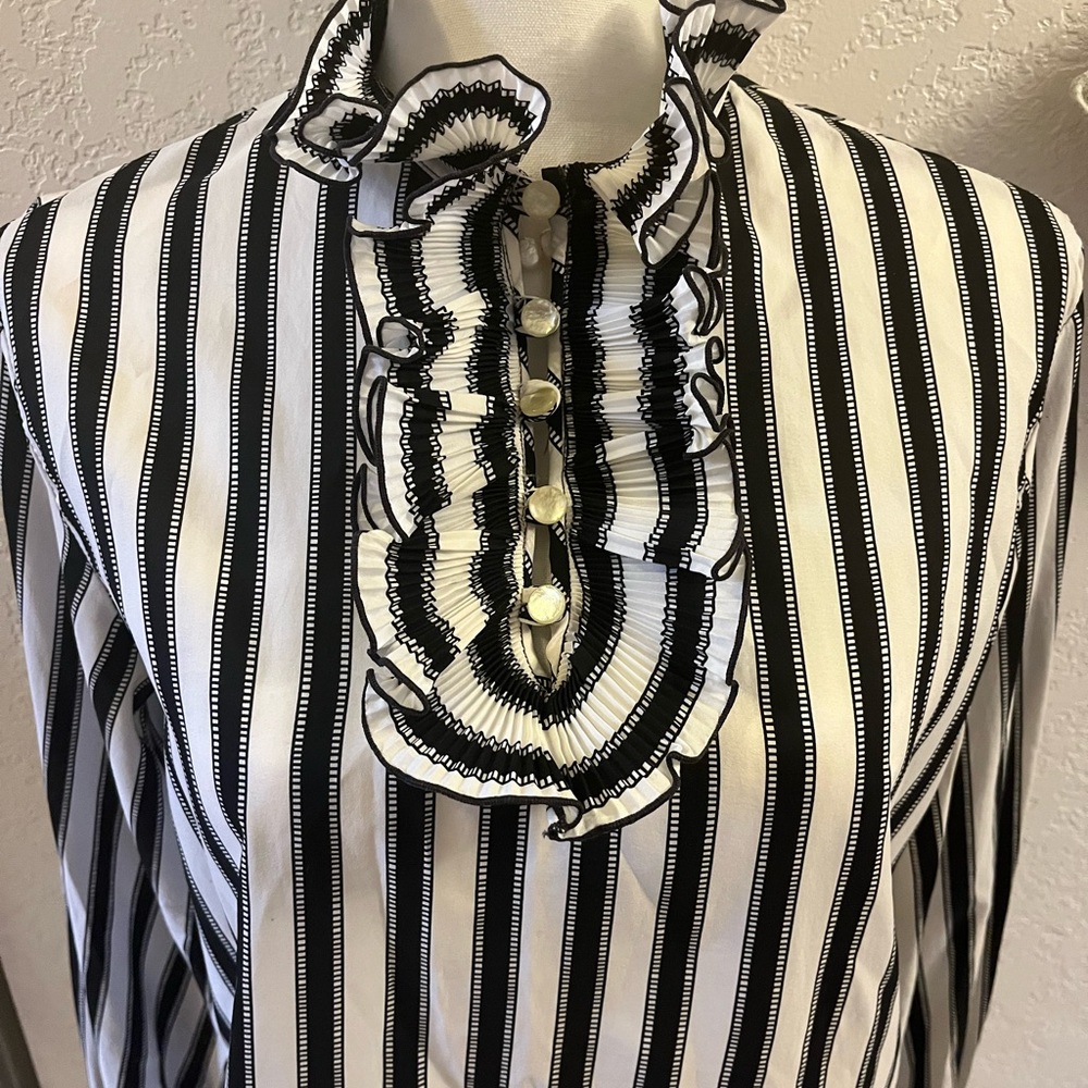 Vintage Black and White Blouse with Ruffled Collar